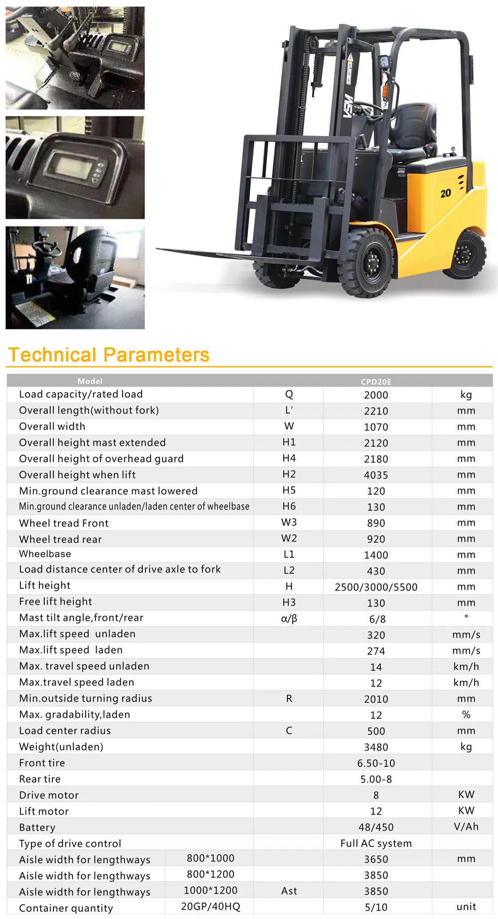 2ton 2t 2000kg Counterbalance Electric Forklift, Fork Length 1070mm, 3m Lift Height