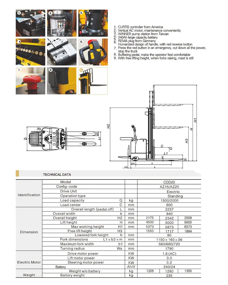 Buytool 2 Ton Cddaz15 EPS Full Electric Stacker with Ce Certification