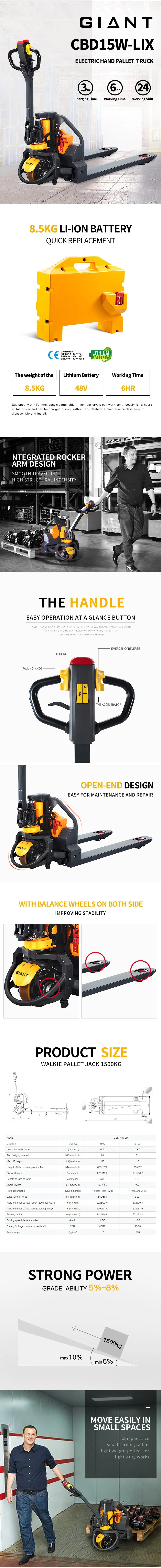 Giant Lift 1.5ton/1500kg Hot Sale Walkie Lithium Powered Pallet Jack Full Electric Pallet Truck for Warehouse (CBD15W-Lix)