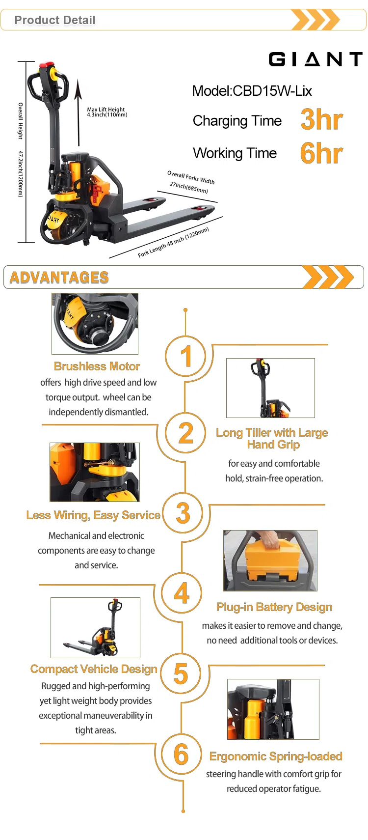 Giant Lift 1500kg 1.5 Ton Mini Walkie Lithium Powered Full Electric Pallet Truck Removable Battery (CBD15W-Lix)