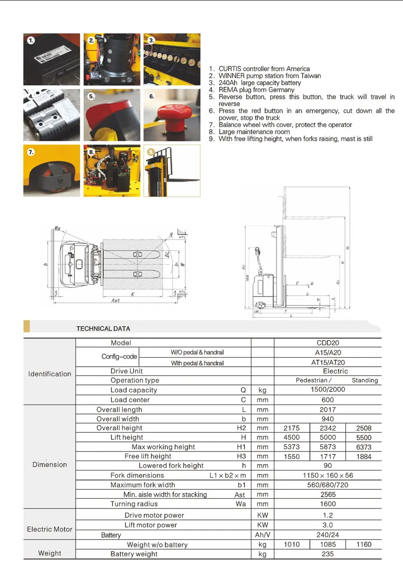 Powered Cddat15 Full Electric Stacker Forklift Pallet Stacker with 5000mm Height